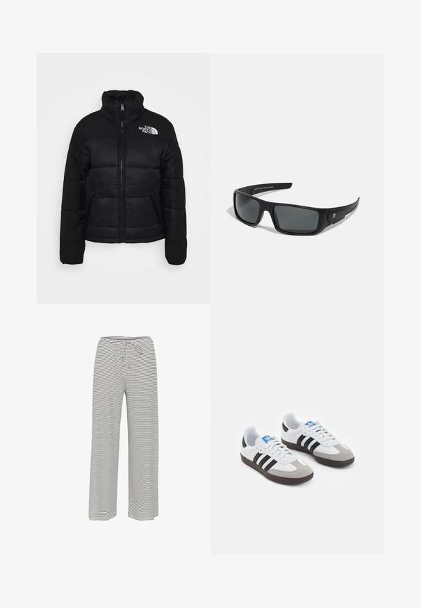Doudoune noire en tissu matelassé, avec un col haut, une fermeture éclair sur le devant et des poches zippées. Logo affiché sur l'épaule gauche.; Deux hauts à manches longues : un noir et un blanc. Tous deux présentent un col rond et une texture lisse et côtelée. Étiquette de la marque visible à l'intérieur du col.; Pantalon large rayé en noir et blanc. Fabriqué en tissu doux avec une taille élastique et un cordon de serrage pour un ajustement réglable.; Baskets avec une tige en cuir blanc, un bout en daim gris et trois bandes noires. Présente un logo bleu sur la languette et une semelle en caoutchouc texturée.; Lunettes de soleil noires avec une monture rectangulaire, des verres gris foncé et une finition en plastique lisse. Accent de logo remarquable sur le côté.; Sac en nylon noir à l'épaule avec une forme incurvée, accent en chaîne argentée, pochette mini amovible et bandoulière ajustable ; présente le logo "Steve Madden".