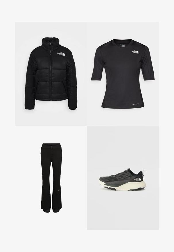 Black puffer jacket made of quilted fabric, featuring a high collar, front zipper, and zippered pockets. Logo displayed on the left shoulder.; Black short-sleeve athletic shirt made of textured material, featuring a round neck and The North Face logo in white on the left chest.; Black snowpants with a sleek design, made from durable fabric. Features zip pockets and elastic cuffs at the legs with brand logo detail.; Black athletic shoe with a textured upper, featuring gray accents and a white midsole. Includes a pull tab and prominent brand logo on the heel.