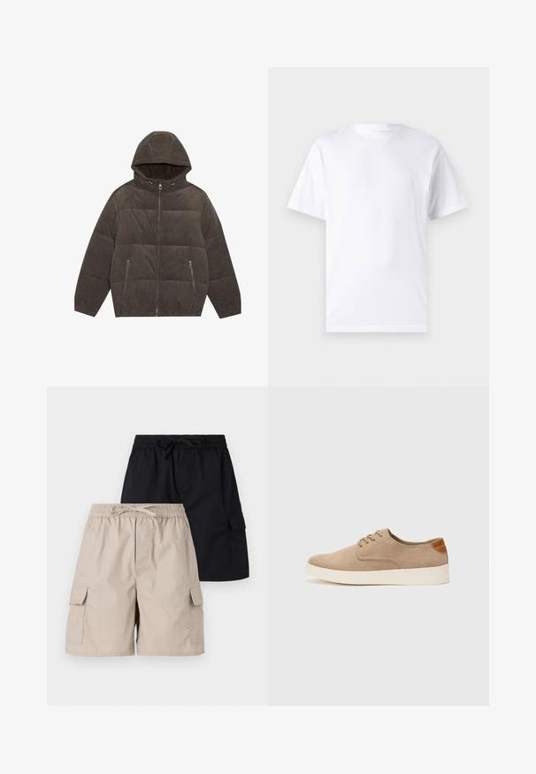 Veste rembourrée à capuche en velours côtelé gris foncé. Elle est dotée de fermetures éclair, de deux poches frontales et d'un design matelassé avec des poignets élastiques.; T-shirt blanc à manches courtes en coton avec un col rond, présentant une texture lisse et un design simple, sans motifs ni accents.; Deux paires de shorts cargo, l'une beige et l'autre noire, dotés de ceintures élastiques, de liens à cordon et de poches latérales.; Baskets en daim beige avec un embout arrondi, un laçage sur le devant et un accent texturé à l'arrière. La semelle en caoutchouc blanche offre un contraste. Design simple et moderne.