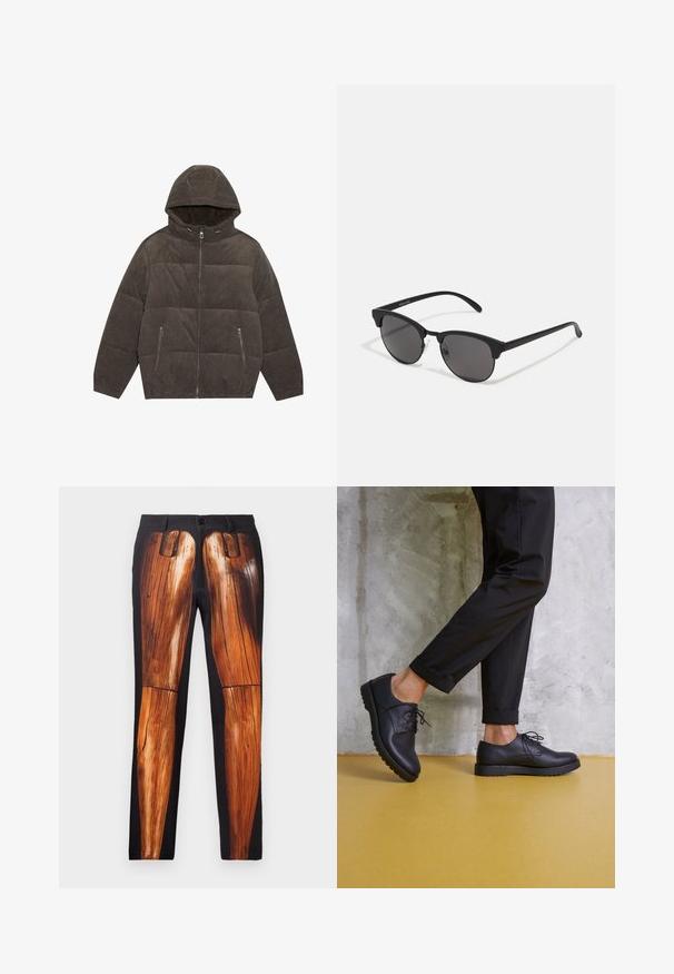 Kapucnis puffernadrág sötétszürke kordbársony anyagból. Cipzáras záródással, két elülső zsebbel és steppelt dizájnnal rendelkezik, elasztikus mandzsettákkal.; Fekete, bolyhos kötött pulóver gallérral, három gombbal a nyaknál és hosszú ujjakkal. Puha tapintású és laza szabású.; Fekete nadrág fából készült lábakat ábrázoló grafikai nyomattal, sima textúrával és fényes kontrasztos felülettel, matt háttérrel.; Fekete bőr cipők fűzővel, kerek orral és texturált gumitalppal. Rövidített fekete nadrággal viselve, beton háttér előtt.; Fekete napszemüveg kerek lencsékkel, matt felülettel és jellegzetes macska szem formával. Vékony szárak, a bal oldali templomon diszkrét márkajelzéssel.