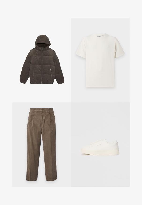 Kapuutsiga puffjakker tumedas hallis küüsis. Omab lukuga sulgemisi, kahte esimest taskut ja tikandiga disaini elastsete mansettidega.; Valge lühikeste varrukatega T-särk ribakudumises. Ümar kaelus, mugav lõige, nähtavad mustrid ega aksessuaarid puuduvad. Lihtne ja mitmekesine disain.; Pruunid kootud püksid, millel on mugav lõige, nähtavate vertikaalsete ribade, küljetaskute ja vööst esitatud vöökohaga.; Valged libisemiskindlad tossud tekstuuriga pinnaga, paksu tallaga ja minimalistikus disainis. Küljel on brändi logo.