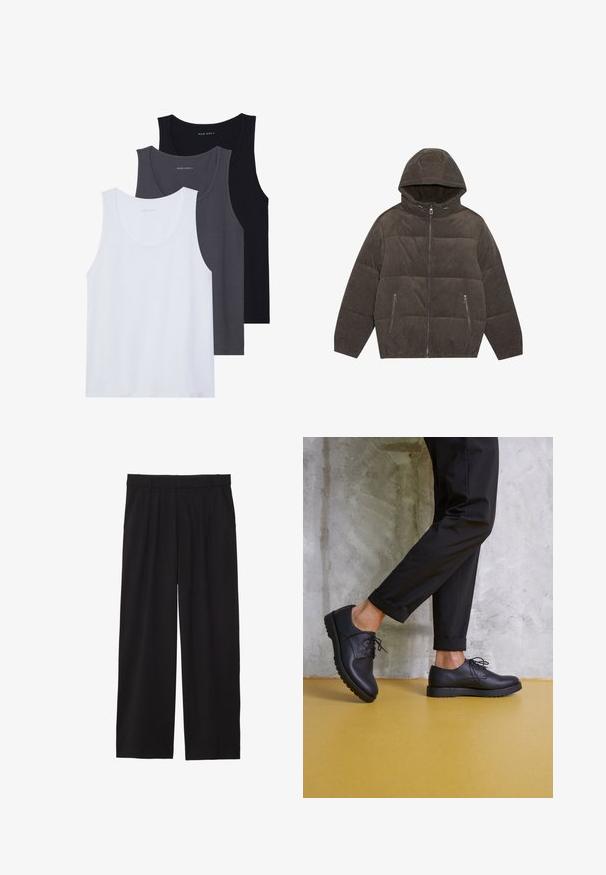 Kapućasta puf jakna od tamnosivog kordura materijala. Sadrži zatvarače na patentni zatvarač, dva prednja džepa i kviltani dizajn s elastičnim manžetama.; Trii majice bez rukava prikazane: jedna bijela, jedna tamno siva i jedna crna. Izrađene od mekanog materijala s округлим izrezima i bez istaknutih uzoraka.; Crne široke hlače s nabranim prednjim dijelom, bočnim džepovima i glatkom teksturom tkanine. Dizajnirane za opušteni kroj.; Crne kožne cipele na vezanje s zaobljenim vrhom, teksturiranom površinom i debelim gumenim potplatima. Uparene s preklopljenim crnim hlačama na betonskoj pozadini.