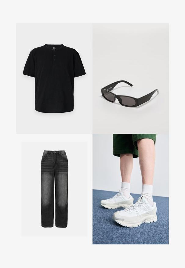 Kapota pūkinio striukė tamsiai pilkame kordūre. Yra užtrauktuko uždarymas, dvi priekinės kišenės ir išsiuvinėtas dizainas su elastingomis rankovėmis.; Juodas trumpomis rankovėmis marškinėliai su apvalia apykakle, trimis sagomis ir laisvu siluetu. Pagaminti iš švelnaus, tekstūruoto audinio.; Juodi džinsai su blukimo efektu, pasmaukta juosmens linija, penkių kišenių dizainas ir tiesus kirpimas. Matomi metaliniai elementai ir siuvimo detalės.; Baltos sportinės bateliai su tekstūruotais uždengimais, masyviu padu ir pilkais akcentais. Dėvimi su baltais trumpais kojiniais ir žaliais šortais mėlyname paviršiuje.; Juodi stačiakampiai saulės akiniai su tamsiais lęšiais, lygia plastiko rėmo konstrukcija ir subtiliu logotipu kairėje šakėje. Minimalistinis dizainas.