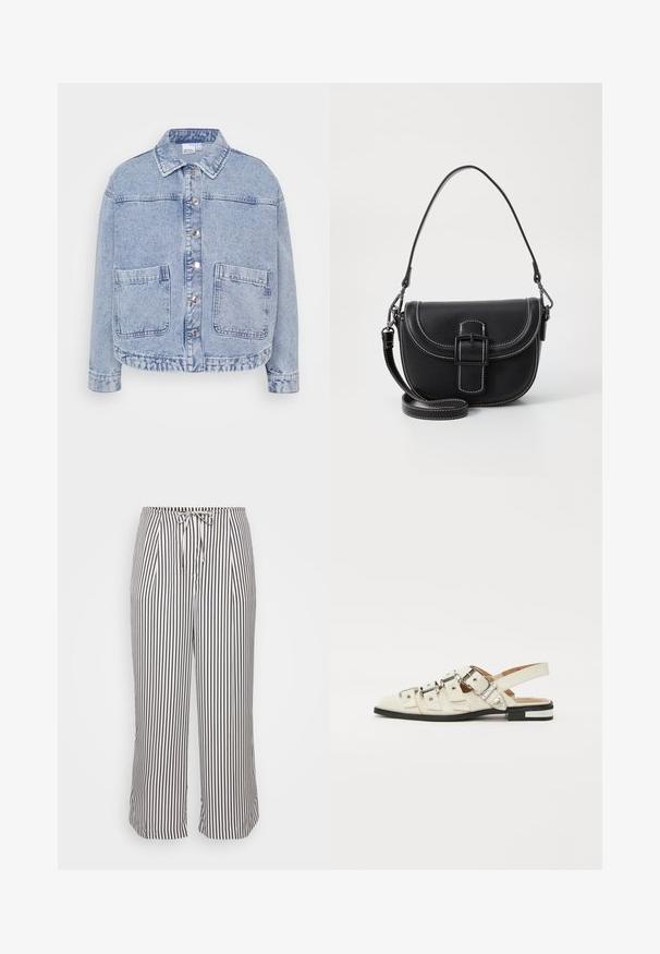 Giacca di denim azzurro chiaro con bottoni frontali, due ampie tasche anteriori e colletto. Presenta un orlo leggermente accorciato e una vestibilità rilassata.; Even&Odd Petite 2 PACK - Top - light grey/black; Pantaloni cropped con una cintura elastica e coulisse, caratterizzati da strisce verticali blu navy e bianche, esposti su uno sfondo bianco semplice.; Sandali slingback in pelle bianca con più cinturini larghi e fibbie d'argento; suola piatta con un piccolo tacco nero e dettagli metallici.; Borsa a spalla nera in pelle con un design curvo, chiusura a fibbia prominente e dettagli di cucitura bianca. Inclusa tracolla regolabile.; Orecchini a cerchio in oro con una finitura liscia e lucida. Design circolare con un piccolo perno e una chiusura trasparente per un indosso sicuro.