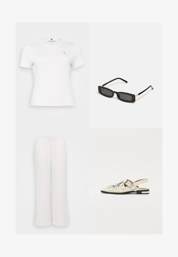 Šviesiai mėlynas džinsinis švarkas su mygtukų uždarymu, dviem didelėmis priekinėmis kišenėmis ir apykakle. Savybės: šiek tiek trumpesnis apatinis kraštas ir laisvas siluetas.; Balta trumpa rankovėmis marškinėliai, pagaminti iš medvilnės. Turi apvalų iškirpimą ir mažą logotipą ant kairiojo krūtinės. Lygus paviršius ir prigludęs dizainas.; Baltos plačios kelnes, pagamintos iš lengvos medžiagos, su elastinga juosmena ir raišteliu, taip pat su vertikaliomis siūlėmis, suteikiančiomis tekstūrą.; Balno sandalai, pagaminti iš baltos odos, su keliais plačiais diržais ir sidabro spalvos sagtimis; plokščias padas su mažu juodu kulniuku ir metaliniais akcentais.; Juodos stačiakampės akinių nuo saulės su tamsiais lęšiais, blizgančiais plastikinių rėmų ir auksiniais akcentais ant šventyklų. Minimalistinis dizainas ir elegantiška forma.; Geltona audinė piniginė su užsegimu, nuimamą rankinę juostą ir auksinį akcentą. Lygi tekstūra ir stačiakampis forma.; Aukso auskarai su lygiu, blizgiu paviršiumi. Apvalus dizainas su maža užrakto dalimi ir skaidria atrama saugiam nešiojimui.