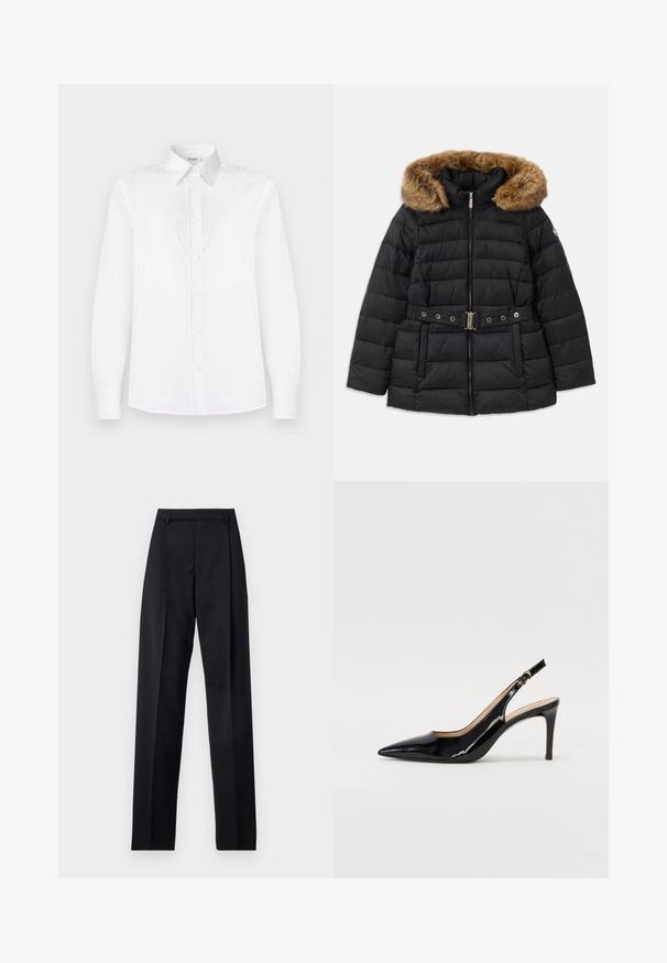 Black puffer jacket with a faux fur-lined hood, zip closure, and a decorative belt featuring metal hardware. Quilted pattern.; White long-sleeve shirt made of smooth fabric, featuring a collared neckline and a button front with light pink buttons.; Black trousers made from smooth fabric featuring a high waist, wide legs, front pleats, and classic belt loops. No side pockets visible.; Black patent leather slingback pump with pointed toe, slim heel, and a subtle cutout design. Features a gold buckle on the strap.