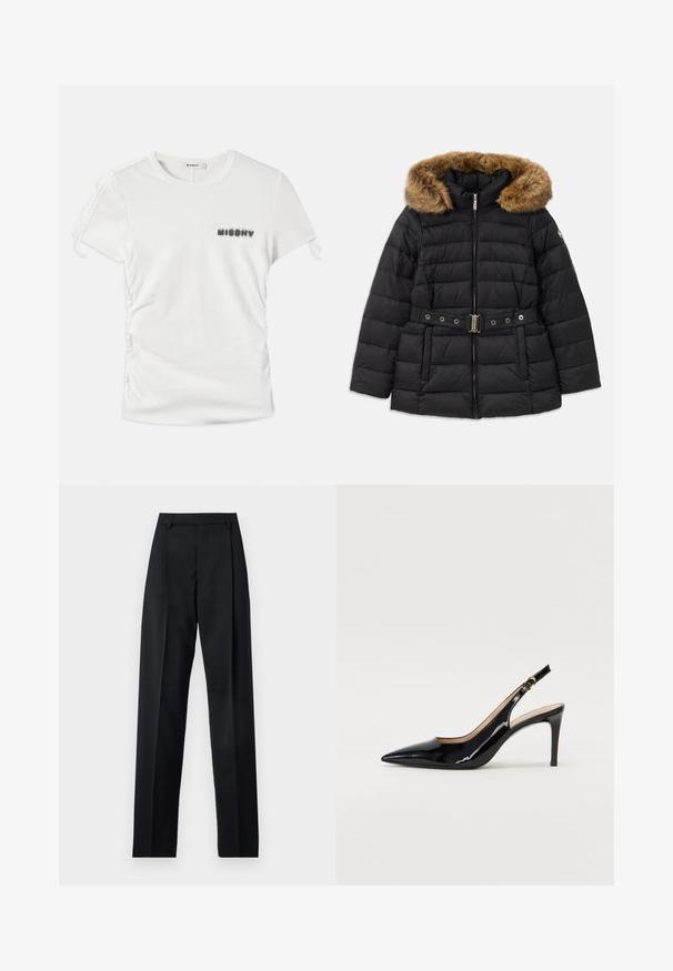 Black puffer jacket with a faux fur-lined hood, zip closure, and a decorative belt featuring metal hardware. Quilted pattern.; White short-sleeve t-shirt with side ruching and "MISBHV" printed in blurred black letters on the left chest.; Black trousers made from smooth fabric featuring a high waist, wide legs, front pleats, and classic belt loops. No side pockets visible.; Black patent leather slingback pump with pointed toe, slim heel, and a subtle cutout design. Features a gold buckle on the strap.
