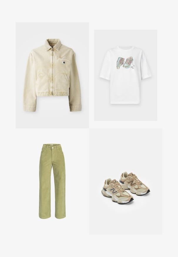 Bežová skrátená bunda vyrobená z mäkkej textílie, s predným zipsom, golierom, dvoma bočnými vreckami a malou nášivkou loga na hrudi.; Biele tričko so živou grafikou dvoch tenisiek s ružovými a zelenými akcentmi, nakreslené v štýle line-art.; Zelené kordové nohavice s širokými nohavicami a vysokým pásom, s prednými vreckami a uzáverom na gombík, poskytujúce jemnú textúru a štruktúrovaný tvar.; Béžové tenisky s kombináciou sieťoviny a semišu. Obsahujú čierne logo a štruktúrované akcenty. Hladká biela medzipodrážka a čierna gumová podrážka.