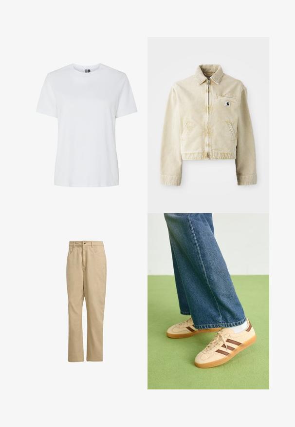 Beige cropped jacket made of soft fabric, featuring a front zipper, collar, two side pockets, and a small logo patch on the chest.; White cotton T-shirt with short sleeves and a crew neckline. Smooth texture, relaxed fit, and no visible patterns or accents.; Khaki cotton trousers with a straight cut, featuring a front button closure, two side pockets, and minimal branding on the front.; Beige sneakers with textured cream panels and brown stripes, paired with blue denim jeans. The jeans have a wide leg and frayed hem.