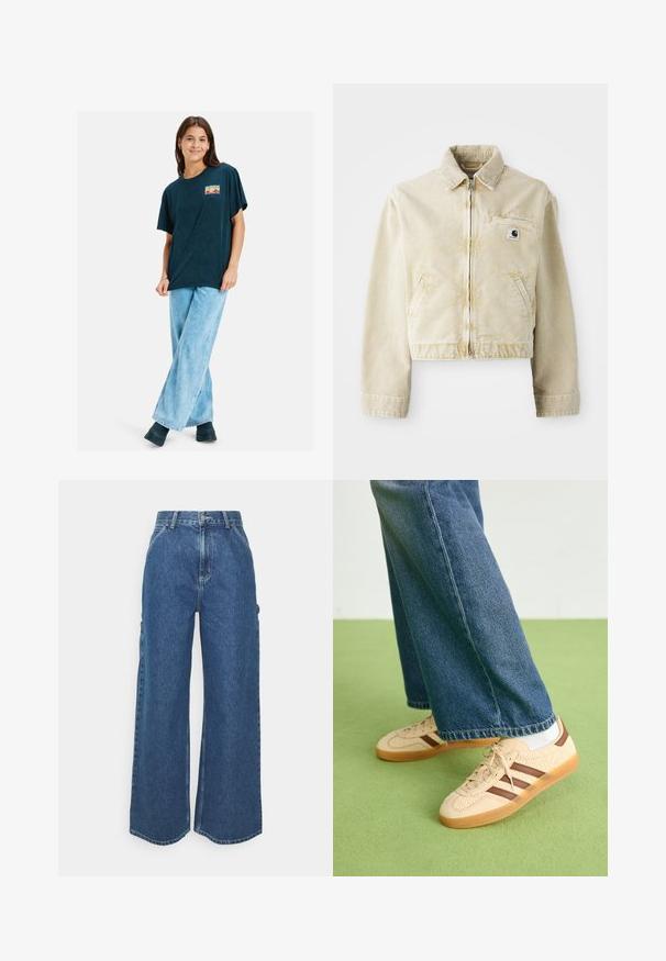 Beige cropped jacket made of soft fabric, featuring a front zipper, collar, two side pockets, and a small logo patch on the chest.; Navy blue oversized t-shirt with short sleeves, featuring a colorful graphic print on the chest. Worn with light blue wide-leg jeans and black boots.; Wide-leg blue denim trousers with a high waist, contrasting stitching, and side pockets, featuring a classic five-pocket design and raw hems.; Beige sneakers with textured cream panels and brown stripes, paired with blue denim jeans. The jeans have a wide leg and frayed hem.