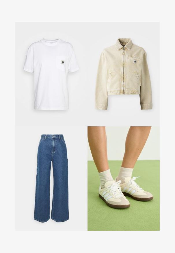 Beige krīto žakete, izgatavota no mīkstas auduma, ar priekšējo rāvējslēdzēju, apkakli, divām sānu kabatām un mazu logo uzliktu uz krūtīm.; Balta kokvilnas T-krekli ar īsām piedurknēm, apaļu kakla izgriezumu un kreisajā krūtīs kabatu, kurā ir melnbalts logotipa birka.; Platleņķa zili džinsi ar augstu jostasvietu, kontrastējošām šuvēm un sānu kabatām, ar klasisku piecu kabatu dizainu un neapstrādātiem malām.; Samba skriešanas apavi ar krēmkrāsas un bēša krāsu shēmu, kas aprīkoti ar trim gaiši ziliem svītrām, baltajām auklām un brūnajiem gumijas zole.