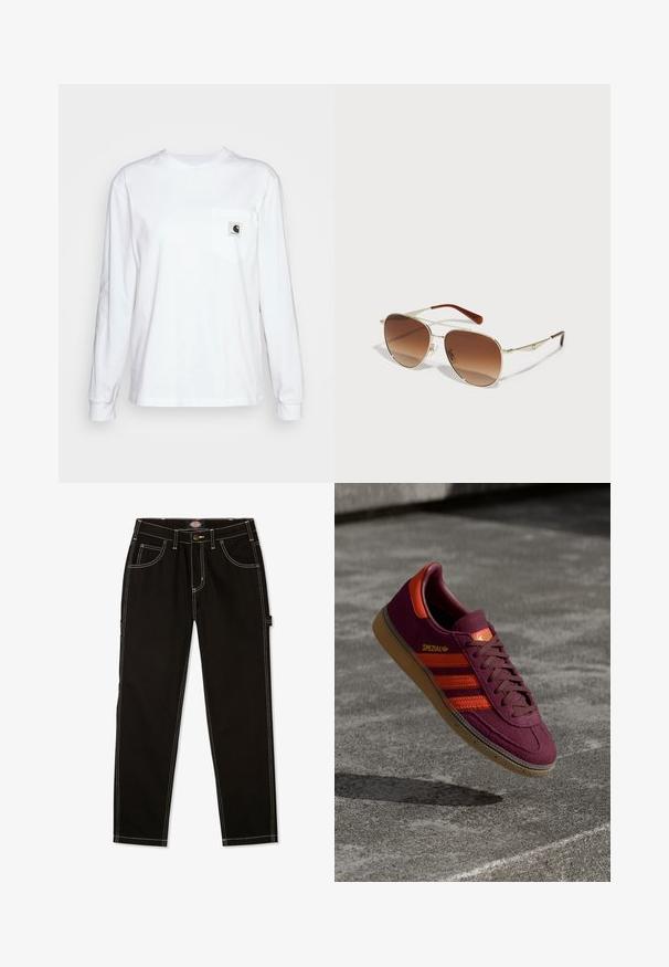 Beige taillierte Jacke aus weichem Stoff mit einem Frontreißverschluss, Kragen, zwei Seitentaschen und einem kleinen Logopatch auf der Brust.; Langärmliges weißes T-Shirt aus Baumwolle mit einer Brusttasche und einem quadratischen Logo-Patch, Rundhalsausschnitt und gerippten Bündchen.; Schwarze Denim-Hosen mit kontrastierendem weißen Nähten, fünf Taschen und einem Tab an der Seite. Standardpassform, gerade Beinform.; Bordeauxfarbene Wildleder-Sneaker mit orangen Streifen und Akzenten, braunen Schnürsenkeln und einer Gummisohle. Mit einem Logorabatt auf der Zunge.; Sonnenbrille mit goldfarbenem Metallrahmen und braunen Farbverlauf-Gläsern. Sie verfügt über eine einzigartige geometrische Form und braune Akzente an den Bügeln. Leichtes Design.