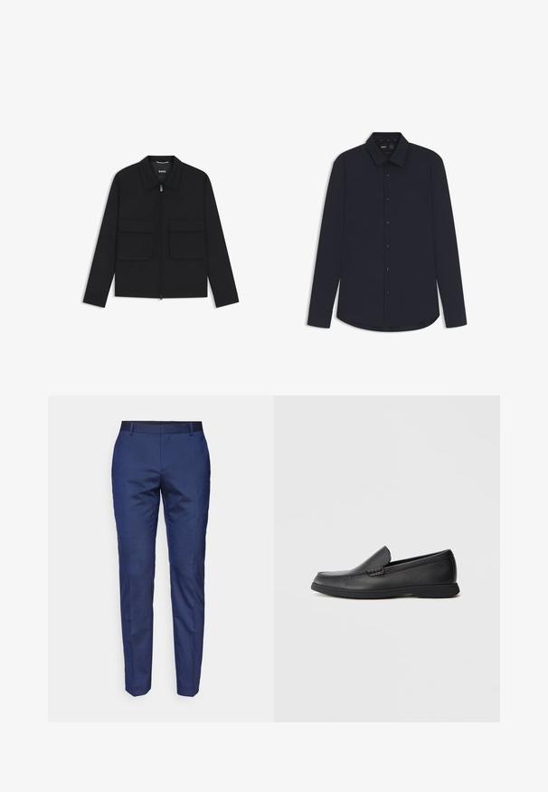 Black jacket featuring a zip front, pointed collar, and two large front pockets. Made of a smooth, textured fabric with a tailored fit.; Navy long-sleeve button-up shirt made from smooth fabric with a structured collar, featuring dark buttons and a curved hem.; Navy blue tailored trousers with a smooth texture, slim straight cut, and a black waistband. No visible patterns or hardware details.; Black leather slip-on loafer with textured upper, rounded toe, low heel, and rubber sole, shown in side profile on white background.