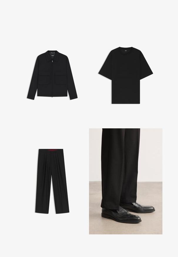 Musta takki, jossa on etuvetoketju, terävä kaulus ja kaksi suurta etutaskua. Valmistettu sileästä, teksturoidusta kankaasta ja räätälöidyllä istuvuudella.; Mustapaitainen lyhythihainen crew neck -t-paita rentoa mitoitusta ja pienellä "BOSS" -merkinnällä sisäkauluksessa.; Musta leveälahkeinen housu, jossa on litteä etuosa, kaksi sivupistettä, laskostettu muotoilu ja kontrastivärinen punainen vyötärön sisäosa.; Mustat nahkakengät, joissa on teksturoitu kuusikulmainen kuvio, matala profiili ja sileä pinta. Yhdistetty mustiin räätälöityihin housuihin.
