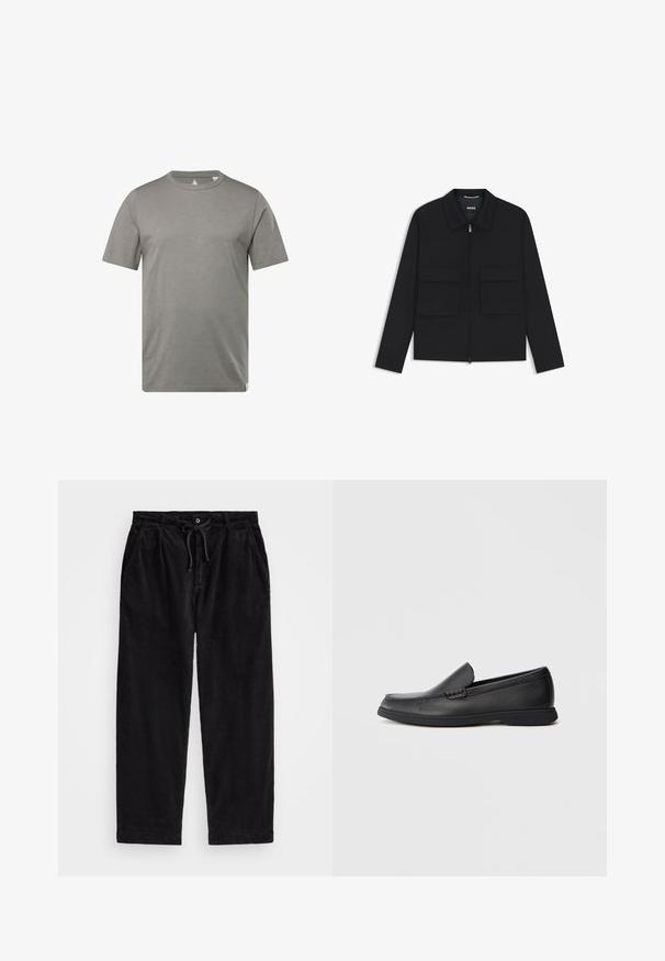 Czarna kurtka z zamkiem na przodzie, spiczastym kołnierzem i dwoma dużymi przednimi kieszeniami. Wykonana z gładkiego, teksturowanego materiału o dopasowanym kroju.; Szara krótka koszulka z krótkim rękawem, wykonana z miękkiego, oddychającego materiału. Posiada okrągły dekolt i metkę w lewym dolnym rogu.; Czarne spodnie z corduroy o luźnym kroju, z elastycznym pasem na sznurku i bocznymi kieszeniami. Tkanina ma prążkowaną teksturę.; Czarne skórzane mokasyny wsuwane z teksturowaną cholewką, okrągłym noskiem, niskim obcasem i gumową podeszwą, przedstawione w profilu bocznym na białym tle.