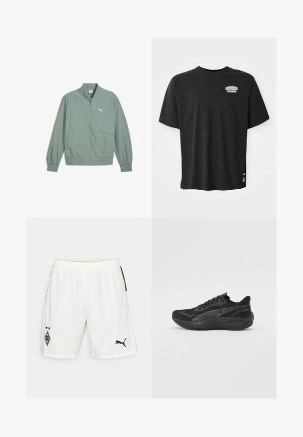 Hele roheline bomber-jakk, millel on lukuga esiosa, elastsed mansetid ja vöökoht. Omab kahte küljetaskut ja valget logo rinnal.; Must-hiline T-särk, millel on lühikesed varrukad, väikese "RIPNDIP PUMA" tekstiga ja viie kassi peaga graafika vasakul ülemisel rinnal.; Valged spordilühikesed, mis on valmistatud kergest kangast, vasakul jalal must logo ja mustad servakinnitused. Paindlik vöökoht.; Musternähtud pealistusega mustad sportlikud jalatsid, sirged paelad ja pehmendatud tald, millel on peened peegeldavad aktsendid.