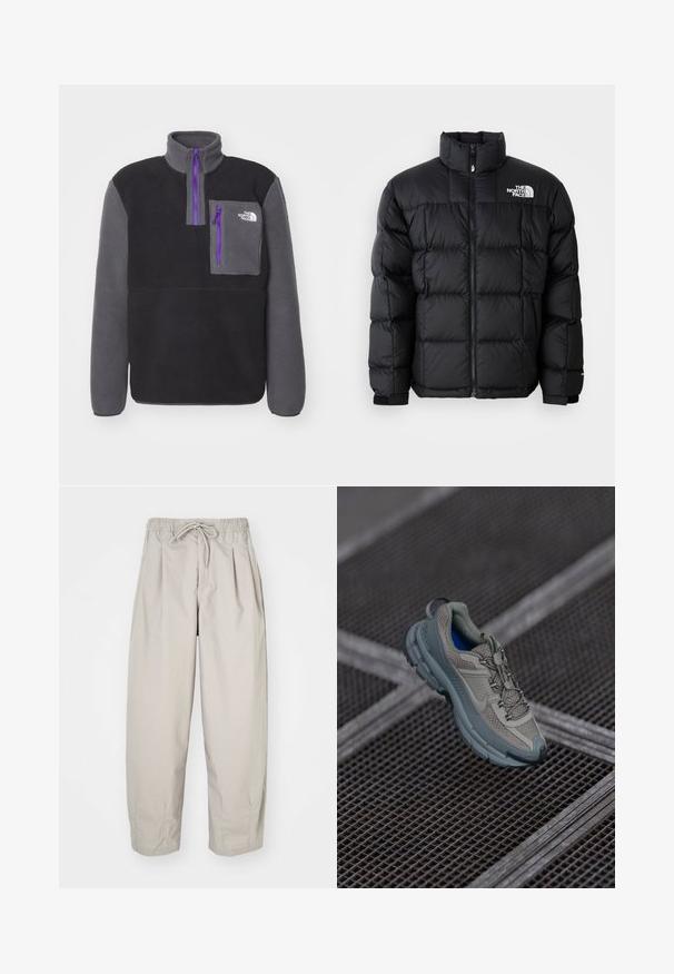 Juodas pūkinis švarkas su aukštu apykakle, horizontaliu siuvimu ir užtrauktuku. Viršutinėje kairėje pusėje yra logotipas, o rankogaliai – su velcro.; The North Face YUMIORI 1/4 ZIP - Flisinis džemperis - black/anthracite grey; Šviesiai rudi, lengvi kelnių su elastine juosta ir raišteliu. Turintys klostes ir laisvą siluetą, pagaminti iš minkštos, glotnios medžiagos.; Bežiniai ir pilki sportiniai bateliai su tekstūruotu tinkliniu viršumi, apvaliu pirštu ir guminiais padais, turi raištelius ir paminkštintą apykaklę.