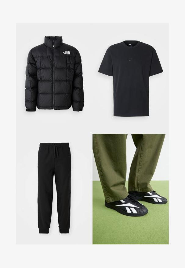 Musta puvun takki korkealla kaulalla, vaakasuorilla ompeleilla ja vetoketjukiinnityksellä. Ominaisuuksiin kuuluu logo vasemmalla ylhäällä ja tarranauhakahvat.; Nike musta musta T-paita, jossa on klassinen pyöreä kaula-aukko, lyhyet etkä hihat sekä hillitty, kohopainettu logo rinnassa. Silkkinen rakenne.; Mustat verkkarit, joissa on elastinen vyötärö ja säädettävä nauha. Tiukat hupit ja sivusaumat luovat virtaviivaista siluettia.; Mustat urheilukengät, joissa on valkoisia yksityiskohtia, teksturoitu päällinen ja pyöreä kärki, yhdistettynä oliivinvihreisiin housuihin.