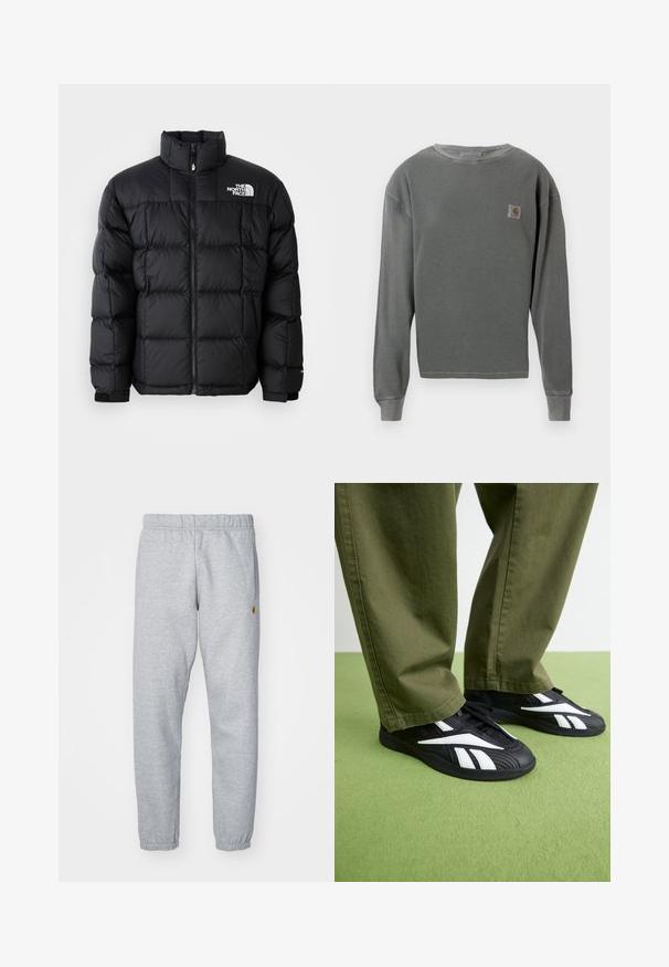 Musta puvun takki korkealla kaulalla, vaakasuorilla ompeleilla ja vetoketjukiinnityksellä. Ominaisuuksiin kuuluu logo vasemmalla ylhäällä ja tarranauhakahvat.; Harmaa pitkähihainen pyöreäkauluksinen collegepaita, jossa on ribbitettua tekstiiliä, vasemmassa rinnassa pieni neliön muotoinen logo-tila, ja ribbikevät.; Harmaat collegehousut, jotka on valmistettu pehmeästä kankaasta, joissa on joustava vyötärö, käännetyt nilkat ja pieni logoyksityiskohta sivulla.; Mustat urheilukengät, joissa on valkoisia yksityiskohtia, teksturoitu päällinen ja pyöreä kärki, yhdistettynä oliivinvihreisiin housuihin.