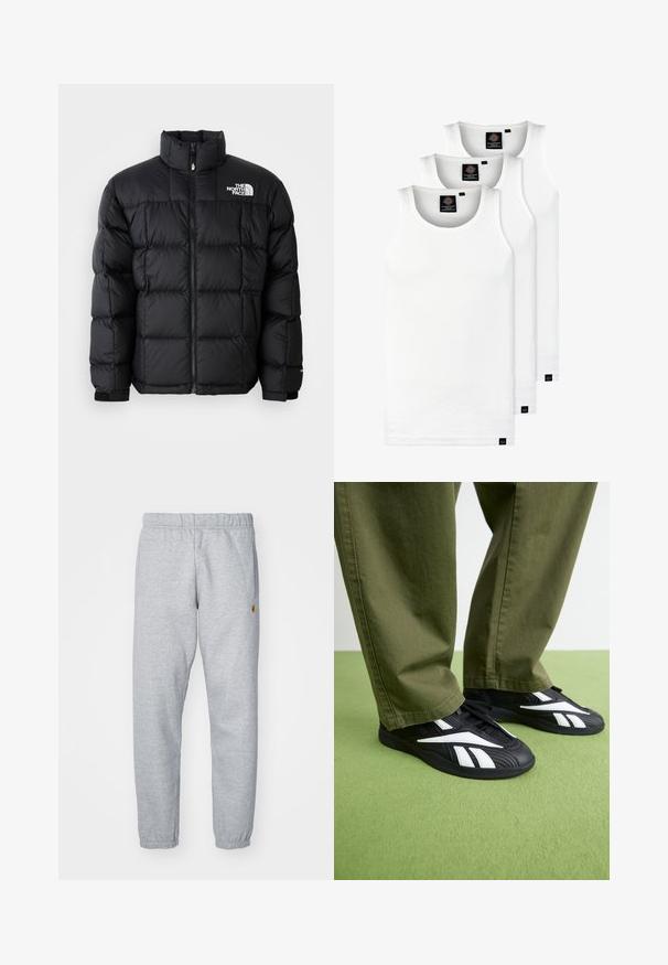 Schwarze Pufferjacke mit hohem Kragen, horizontalen Nähten und Reißverschluss. Verfügt über ein Logo auf der oberen linken Seite und Klettverschlüsse an den Ärmeln.; Drei weiße, gerippte Tanktops aus Baumwolle. Merkmale einen Rundhalsausschnitt und kleine schwarze Etiketten am Saum. In mehreren Größen erhältlich.; Grau Sweatpants aus weichem Material, mit elastischem Bund, Bündchen an den Knöcheln und einem kleinen Logo-Detail an der Seite.; Schwarze Sportschuhe mit weißen Akzenten, die eine strukturierte Oberseite und eine abgerundete Zehenpartie aufweisen, kombiniert mit olivgrünen Hosen.