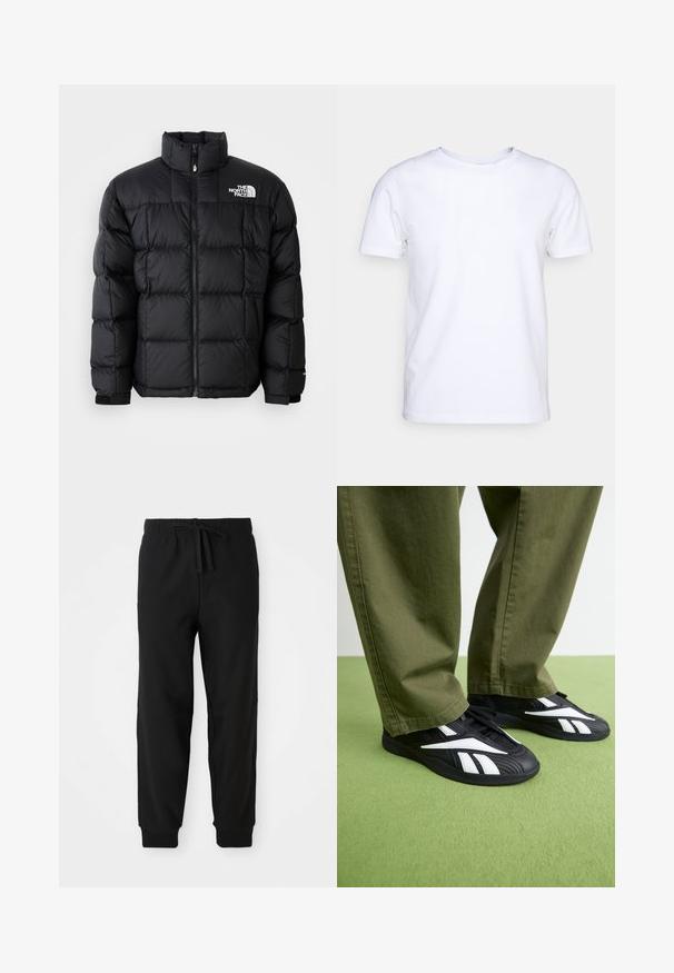 Svart dunjakke med høy krage, horisontale sømmer og glidelås. Har logo på venstre øvre side og borrelåsmanchetter.; Hvit t-skjorte med korte ermer i bomull med rund hals. Enkelt design uten mønstre eller accenter. Glatt tekstur.; Sorte joggebukser med elastisk liv og justerbar snor. Fittede mansjetter og sidesømmer gir en strømlinjeformet silhuett.; Sorte treningssko med hvite detaljer, med en teksturert overdel og rund tå, kombinert med olivengrønne bukser.