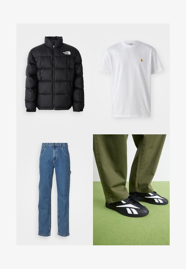 Crna puf jakna s visokim ovratnikom, horizontalnim šavovima i zatvaranjem na patentni zatvarač. Sadrži logo na gornjoj lijevoj strani i čičak manžete.; Bijela pamučna majica kratkih rukava s okruglim izrezom, sa malim zlatnim logotipom na lijevoj strani prsnog koša. Mekana tekstura i standardni kroj.; Svijetloplave traperice ravnog kroja, s pet džepova i blagim izblijedjenjem na tkanini. Imaju zatvaranje na gumb i patentni zatvarač.; Crne sportske cipela s bijelim detaljima, s teksturiranim gornjim dijelom i zaobljenim prstom, u kombinaciji s maslinasto zelenim hlačama.