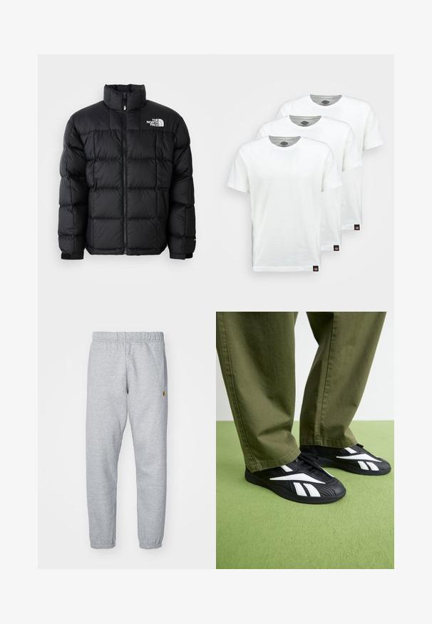 Schwarze Pufferjacke mit hohem Kragen, horizontalen Nähten und Reißverschluss. Verfügt über ein Logo auf der oberen linken Seite und Klettverschlüsse an den Ärmeln.; Drei schlichte weiße Baumwoll-T-Shirts mit kurzen Ärmeln. Jedes Shirt hat einen runden Ausschnitt und ein kleines schwarzes Logotipo auf der linken Seite.; Grau Sweatpants aus weichem Material, mit elastischem Bund, Bündchen an den Knöcheln und einem kleinen Logo-Detail an der Seite.; Schwarze Sportschuhe mit weißen Akzenten, die eine strukturierte Oberseite und eine abgerundete Zehenpartie aufweisen, kombiniert mit olivgrünen Hosen.