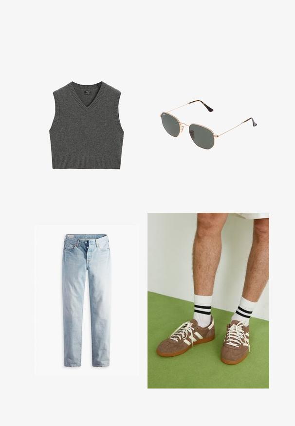 Beige suède jas met een kraag, knopen aan de voorkant en twee zijzakken. Heeft een licht cropped ontwerp en eenvoudige stikdetails.; Grijze gebreide vest met een V-halsontwerp en mouwloos stijl. Heeft ribgebreide afwerking bij de halslijn en de zoom. Zachte textuur en effen kleur.; Lichtblauwe denim jeans met een rechte pijp, twee voorzakken en twee achterzakken. Inclusief een dubbele knoopsluiting en subtiele stiksels.; Bruine suède sneakers met witte accenten en veters. Rubberen gumzool. Draag met witte sokken met zwarte strepen. Groene gestructureerde vloer.; Gouden metalen zonnebril met donkergroene lenzen, aviator-stijl, met slanke scharnieren en schildpad-accenten op de uiteinden.; Gianni Chiarini DUA - Handtas - moka