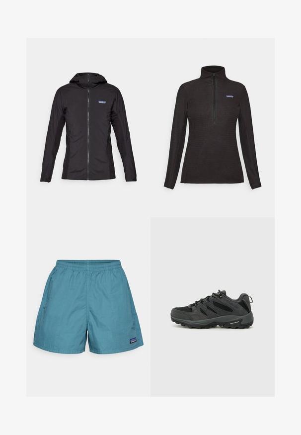 Mustmust kaaluv jope, millel on eesneel ja kapuuts. Külgedel on tekstuuriga kangaste paneelid ning vasakul üleval on väike logo.; Musta tekstuuriga fliispusa pikkade varrukatega, veerand lukuga esiosas ja väike logo kleebis vasakul rinnal.; Heledad sinine meeste ujumispüksid, mis on valmistatud kiiresti kuivavast kangast; omadused hõlmavad elastset vööd ja küljetaskuid. Patagonia logo silt hemil.; Columbia REDMOND - Matkajalatsid - black/citron haze