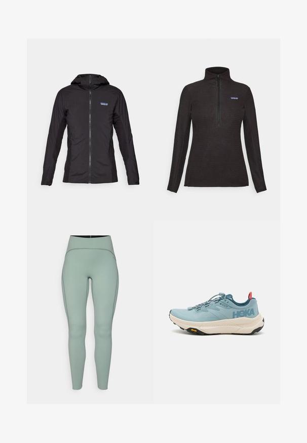 Črna lahka jakna z zadrgo spredaj in kapuco. Stranski paneli iz teksturiranega materiala, s majhnim logotipom na zgornji levi strani.; Črni teksturirani flis pulover z dolgimi rokavi, četrtim zadrgo spredaj in majhnim logotipom na levem prsnem delu.; Visoko pasne, mintsko zeleni legingi iz gladkega, elastičnega materiala z kontrastnimi šivi. Imajo eleganten, prilegajoč se silhueto.; Svetlo modra tekaška čevlja z teksturirano zgornjo plastjo, oznako GORE-TEX, debelim belim srednjim podplatom in črnim Vibram podplatom. Odbijajoči detajli in zanka na zadnjem delu.