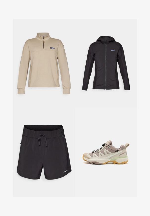 Fekete, könnyű dzseki elöl cipzárral és kapucnival. Az oldalán texturált anyagpanelek találhatók, amelyek felső bal oldalán egy kis logót viselnek.; Beige színű bolyhos pulóver fél cipzárral, álló gallérral és hosszú ujjal. A bal mellrészen egy kis foltlogó található. Puha tapintású.; Fekete fürdőnadrág könnyű anyagból, rugalmas derékpánttal, húzózsinórral és oldalzsebekkel a funkcionalitás érdekében.; Könnyű túrázó cipő bézs és menta zöld dizájnnal. Textúrált felsőrész, gumitalp, gyorsfűző rendszer és kontrasztos sárga részletek.