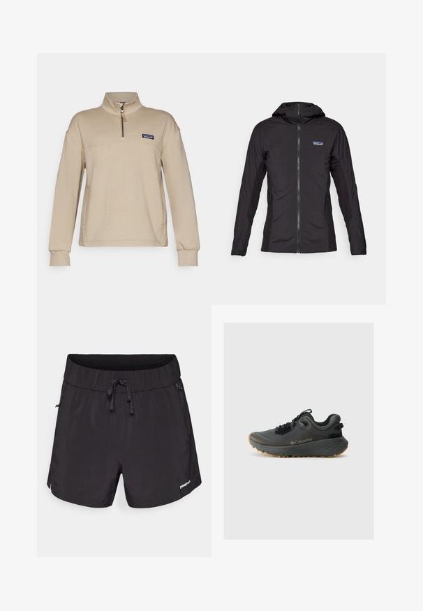 Mustmust kaaluv jope, millel on eesneel ja kapuuts. Külgedel on tekstuuriga kangaste paneelid ning vasakul üleval on väike logo.; Beige fliisist pulmärk, millel on poole tõmbluku, seisev kaelus ja pika varrukaga. Esiküljel on väike logopatch vasakul rinnal. Pehme tekstuur.; Mustad mustad ujumispüksid kergest kangast, elastse vöökoha, paelaga ja küljetaskutega funktsionaalsuse jaoks.; Columbia TERRASTRIDE CRZ - Matkajalatsid - shark/black