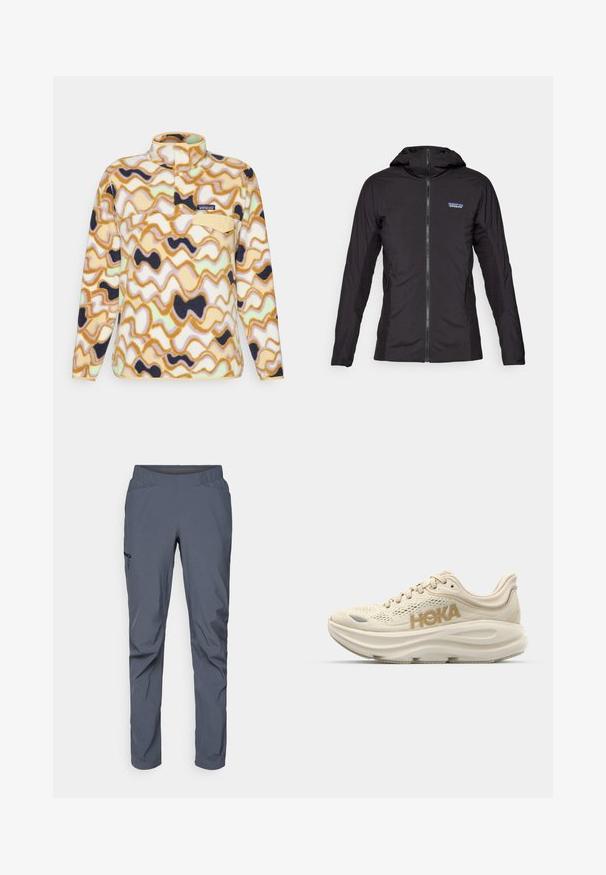Casaco leve preto com fecho na frente e capuz. Painéis de tecido texturizado nos lados, apresentando um pequeno logótipo no canto superior esquerdo.; Patagonia SNAP - Camisola de lã polar - natural; Calças de desempenho cinzentas com um cós elástico, dois bolsos frontais e um bolso lateral com fecho. Textura suave e corte ajustado.; Sapatilha de corrida bege claro com parte superior em malha, colarinho acolchoado, logotipo "HOKA" em destaque em dourado e sola espessa e acolchoada para conforto.