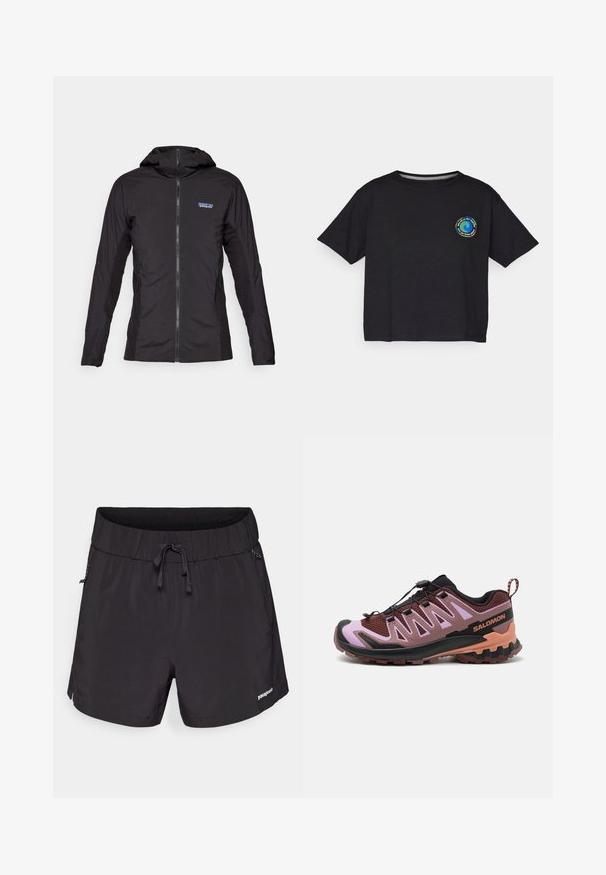 Jachetă ușoară de culoare neagră, cu fermoar frontal și glugă. Panouri din material texturat pe laterale, având un logo mic în partea stângă sus.; T-shirt scurt cu mânecă, de culoare neagră, din bumbac, având un logo circular multicolor pe piept. Tiv dreapt și croială lejeră.; Pantaloni de înot negri, confecționați dintr-un material ușor, având o talie elastică, șnur de ajustare și buzunare laterale pentru funcționalitate.; Pantofii de alergare pe traseu sunt negri, maronii și roz. Au un plasă superioară, un sistem de șireturi integrat, o talpă texturată și un contraforte pentru stabilizare la călcâi.