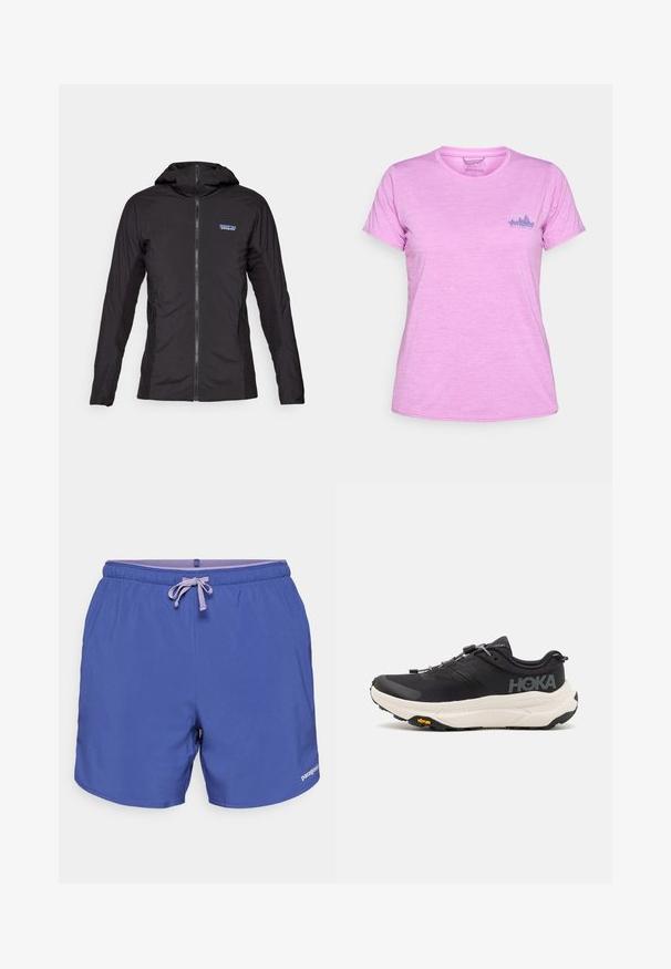 Juodas lengvas švarkas su priekiniais užtrauktukais ir gobtuvu. Šoninės dalys pagamintos iš tekstūruoto audinio, viršuje kairėje pusėje yra nedidelis logotipas.; Patagonia DAILY GRAPHIC - Sportiniai marškinėliai trumpomis rankovėmis - brisk purple; Patagonia TRAILS - Lauko šortai - solstice purple; Juodi sportiniai batai su kvėpuojančiu tinklo viršumi, guminėmis padais, baltu amortizuojančiu viduriu ir atspindinčiomis raištelėmis. Vibram logotipas ant padais.