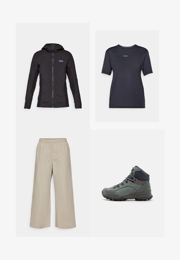 Mustan kevyt takki, jossa on etuvetoketju ja huppu. Teksturoituneet kangaspaneelit sivuilla, joissa on pieni logo vasemmassa yläkulmassa.; Musta lyhythihainen urheilupaita, joka on valmistettu kevyestä kankaasta. Paidassa on pyöreä kaula-aukko ja pieni brändilogo edessä.; Valkoiset leveälahkeiset housut vaaleasta beigen kankaasta, joustavalla vyötärönauhallla, sileällä pinnalla, ilman näkyvää varustusta tai kuvioita.; Vihreät vaelluskengät, joissa on harmaat yksityiskohdat ja musta kumipohja. Ominaisuuksiin kuuluvat pehmustettu nilkkakotelo, pyöreät nauhat ja teksturoitu päällinen.