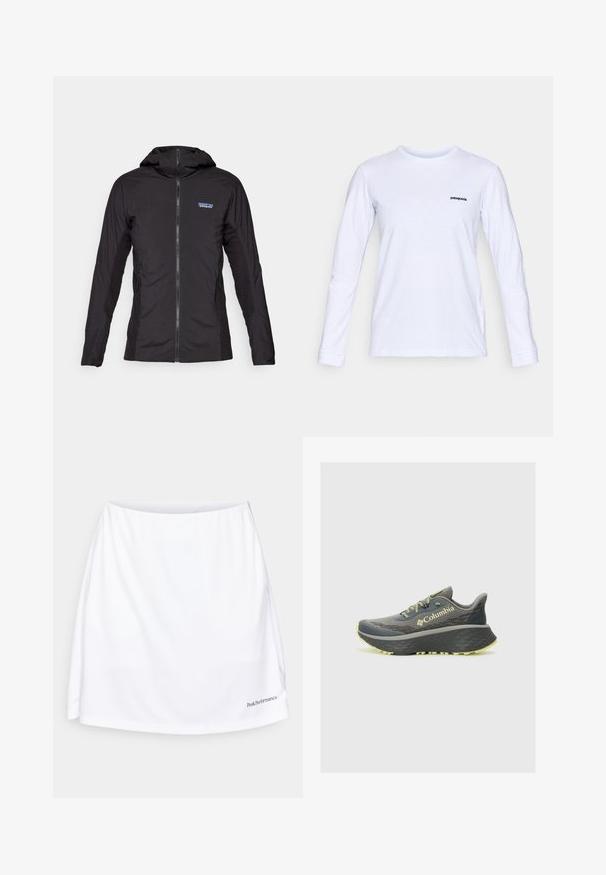 Juodas lengvas švarkas su priekiniais užtrauktukais ir gobtuvu. Šoninės dalys pagamintos iš tekstūruoto audinio, viršuje kairėje pusėje yra nedidelis logotipas.; Ilgų rankovių balta medvilninė marškinėlių su apvalia iškirpte ir juodu "patagonia" logotipu kairėje krūtinės pusėje. Lygi tekstūra, klasikinis fasonas.; Balta sportinė sijonas su lygiu paviršiumi, plačiu juosmeniu ir logotipu apatiniame dešiniajame kampe. Sijonas pasižymi laisvu siluetu, užtikrinančiu komfortą.; Columbia KONOS TRILLIUM ATR pilka