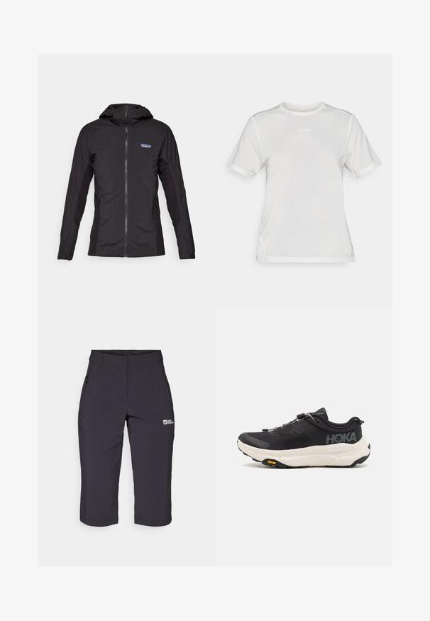 Mustan kevyt takki, jossa on etuvetoketju ja huppu. Teksturoituneet kangaspaneelit sivuilla, joissa on pieni logo vasemmassa yläkulmassa.; Valkoinen lyhythihainen urheilumesh-paita, jossa on pyöreä kaula-aukko ja pieni "Salomon" logo keskellä rintaa.; Tummanharmaat ulkoilushortsit, joissa on sileä pinta ja vetoketjullinen tasku sekä logo vasemmalla etupuolella. Keskivartalon pituinen muotoilu.; Musta urheilujalkine, jossa on hengittävä verkkomateriaali, kumipohja, valkoinen vaimennusrakenne ja heijastavat nauhat. Vibram-logo pohjassa.