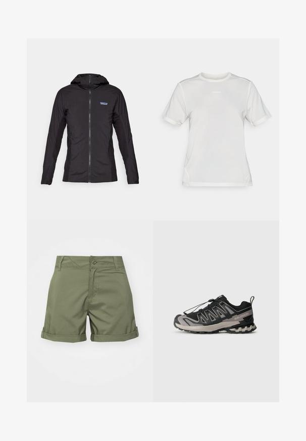 Μαύρο ελαφρύ μπουφάν με φερμουάρ μπροστά και κουκούλα. Υφασμάτινες πλάκες με υφή στα πλάγια, με ένα μικρό λογότυπο στο επάνω αριστερό μέρος.; Λευκή κοντομάνικη αθλητική μπλούζα από πλέγμα με στρογγυλή λαιμόκοψη και μικρό λογότυπο "Salomon" στο κέντρο του στήθους.; Ελαιόλαδο πράσινα σορτς φτιαγμένα από ελαφρύ υλικό, με κλείσιμο κουμπιού, γυριστό στρίφωμα και μπροστινές και πίσω τσέπες. Λείος υφασμάτινος ιστός.; Μαύρο και γκρι αθλητικό παπούτσι με επάνω από δίχτυ, καουτσούκ σόλα και ελαστικό σύστημα δέσιμο. Διαθέτει ενισχυμένη μύτη και υφασμάτινα διακοσμητικά στοιχεία.
