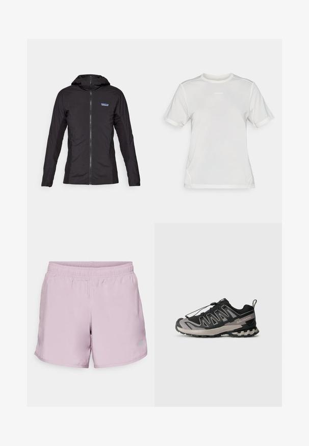 Čierna ľahká bunda s predným zipsom a kapucňou. Textúrované látkové panely po stranách, s malým logom na hornej ľavej strane.; Biela športová sieťovina s krátkym rukávom a okrúhlym výstrihom s malým logom "Salomon" umiestneným v strede hrudníka.; Svetlofialové športové šortky s elastickým pásom a nenápadným logom na dolnom ľavom rohu. Vyrobené z hladkej, ľahkej tkaniny.; Čierna a sivá atletická obuv s hornou časťou z mäkkého materiálu, gumovou podrážkou a elastickým šnúrkovým systémom. Obsahuje spevnenú špičku a textúrované akcenty.