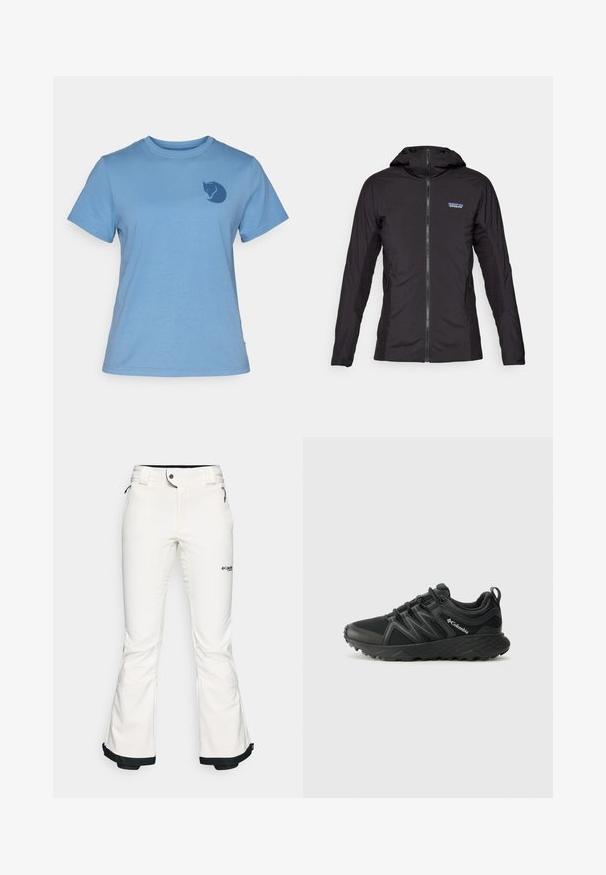 Svart lättviktig jacka med dragkedja framtill och huva. Texturerade tygpaneler på sidorna, med en liten logotyp på övre vänster sida.; Blå bomullströja med korta ärmar, rund hals, med en mörkblå stiliserad kattlogotyp på vänster bröstområde. Klassisk passform.; Vita skidbyxor gjorda av mjukt, flexibelt material. Har en figurnära midja, breda utsvängda ben och svart kant vid mudden. Varumärkeslogotyp synlig.; Columbia PEAKFREAK - Hikingskor - black