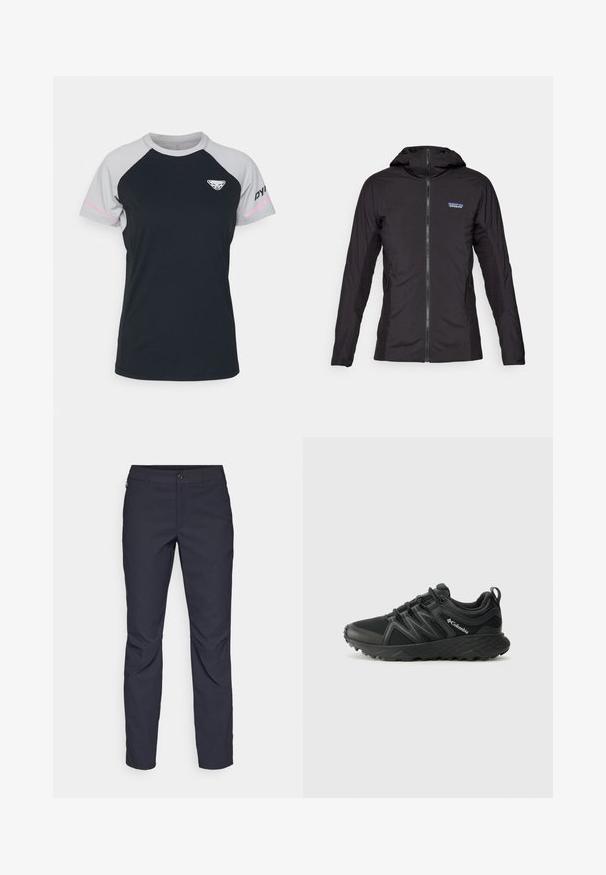 Jachetă ușoară de culoare neagră, cu fermoar frontal și glugă. Panouri din material texturat pe laterale, având un logo mic în partea stângă sus.; Dynafit ALPINE PRO TEE - Bluză sport - nimbus melange; Pantaloni bleumarin dintr-un material neted, cu închidere frontală cu buton, croială slim-fit și detalii pliate la genunchi.; Columbia PEAKFREAK - Pantofi drumeție - black
