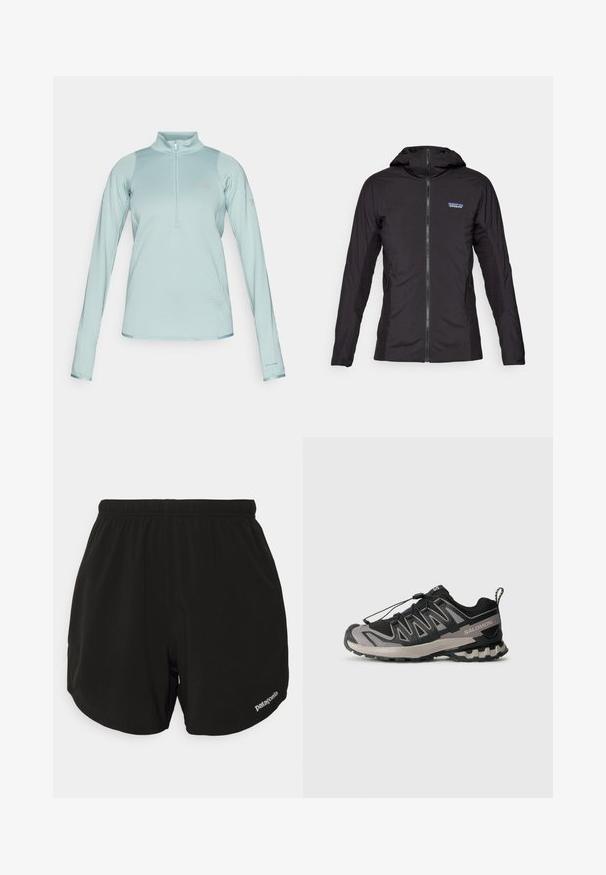 Black lightweight jacket with a front zipper and hood. Textured fabric panels on the sides, featuring a small logo on the upper left.; Light blue long-sleeve pullover with a half-zip front, textured fabric, smooth accents, and "Columbia" logo on the chest and sleeve.; Black athletic shorts with an elastic waistband, featuring a curved hem, side pockets, and a small white "Patagonia" logo on the lower right.; Black and gray athletic shoe with mesh upper, rubber sole, and elastic lace system. Features a reinforced toe and textured accents.