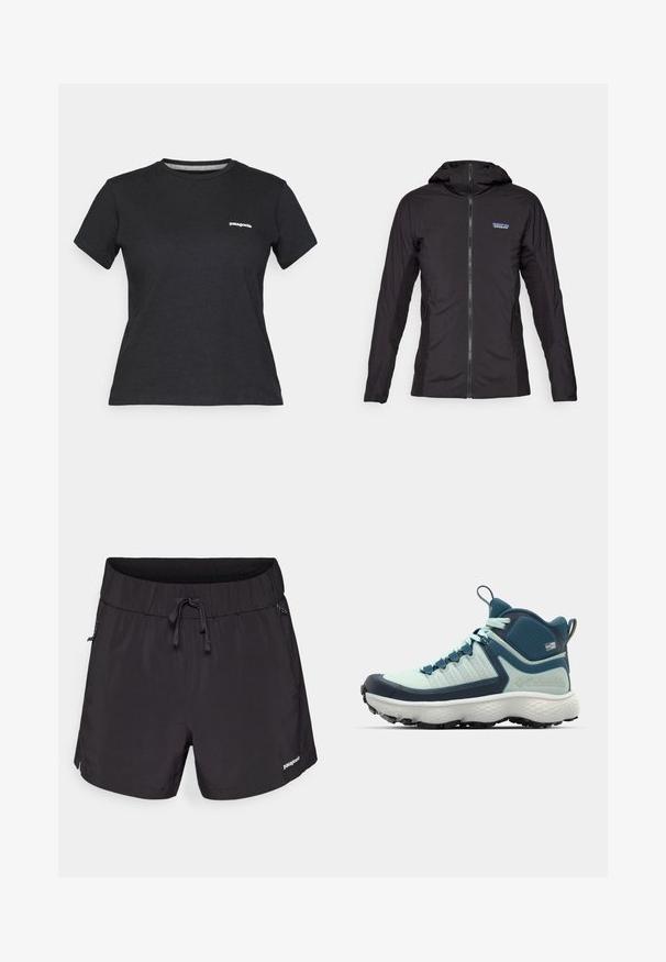 Svart lett jakke med glidelås foran og hette. Teksturerte stoffpaneler på sidene, med en liten logo øverst til venstre.; Svart bomull T-skjorte med rund hals og korte ermer. Har en hvit "Patagonia" logo på venstre brystområde.; Sorte svømmedrakter laget av lett materiale, med elastisk midje, snøring og sidelommer for funksjonalitet.; Herre tursko i lys teal og marineblå. Har et teksturert ytre, formet gummikappe ved tåen, og aggressiv såle for trekkraft.