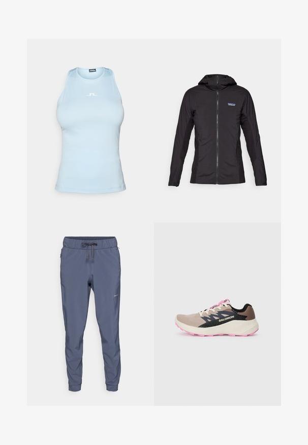 Svart lett jakke med glidelås foran og hette. Teksturerte stoffpaneler på sidene, med en liten logo øverst til venstre.; Lyseblå ermeløs tanktop laget av glatt stoff, med rund halsutskjæring og en liten hvit logo i sentrum.; Patagonia TERREBONNE JOGGERS - Friluftsbukser - smolder blue; Beige og rosa Salomon løpesko med svart logo og designakenter, kremfarget mellomsåle og rosa yttersåle, sett fra siden på en ensfarget bakgrunn.