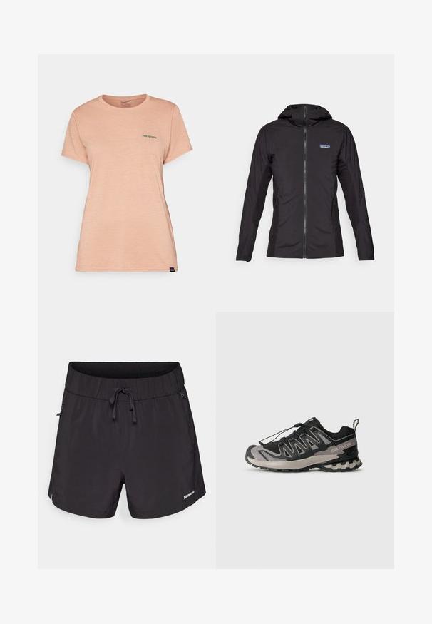 Svart lett jakke med glidelås foran og hette. Teksturerte stoffpaneler på sidene, med en liten logo øverst til venstre.; Patagonia DAILY GRAPHIC WATERS - T-skjorte til trening - terra pink; Sorte svømmedrakter laget av lett materiale, med elastisk midje, snøring og sidelommer for funksjonalitet.; Svart og grå atletisk sko med mesh-overdel, gummisåle og elastisk snøresystem. Har forsterket tå og teksturerte detaljer.