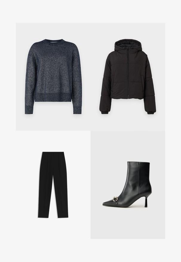 Black cropped puffer jacket with a hood, featuring a front full zipper, elasticized cuffs, and a discreet logo on the chest.; Navy knitted sweater with a round neckline, long sleeves, and a textured finish featuring subtle metallic threads throughout.; Black cotton t-shirt with short rolled sleeves, a round neckline, and a red label. Smooth texture, fitted shape with minimal detailing.; Black trousers with a straight fit, featuring double pleats, a smooth texture, and a classic waistband design. No visible hardware or accents.; Black leather ankle boot with pointed toe, slim mid-height heel, and silver buckle detail on side against plain background.