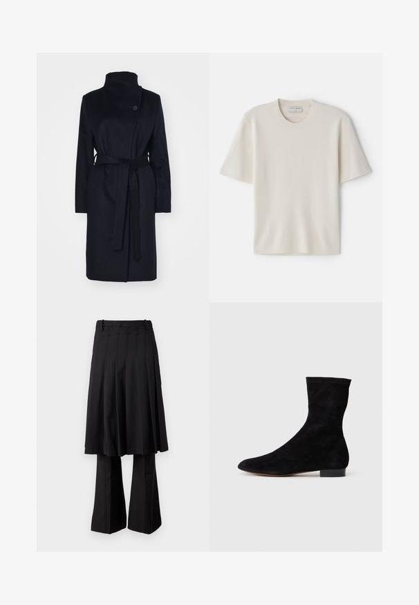 Námořnický vlněný kabát s vysokým límcem, dlouhými rukávy a odpovídajícím páskem. Má jednobarevné zapínání na jeden knoflík a hladkou texturu.; Krémové tričko s krátkým rukávem a kulatým výstřihem, vyrobené z jemného materiálu, s rovný střih a minimálními detaily.; ROKH MIDI PLEATED SKIRT TROUSERS - Kalhoty - black; Černá nubuková kotníková bota s úzkým svrškem, špičatou špičkou a nízkým blokovým podpatkem. Hladká textura a minimalistický design, vhodné pro všestranné styling.