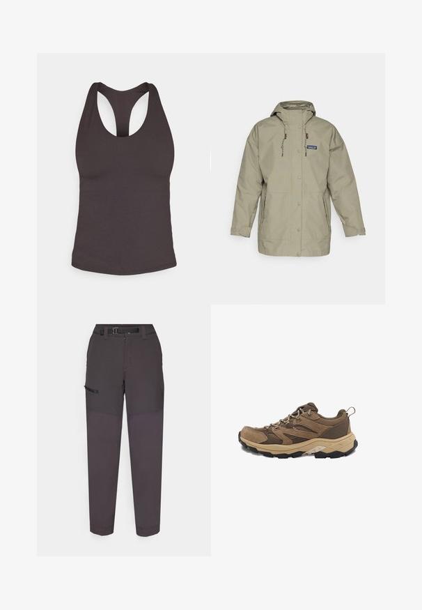 Corta-vento impermeável cinza claro com capuz, botões de pressão, cordões ajustáveis e dois bolsos laterais. Design simples com um corte relaxado.; Cami de treino preto com um design sem mangas, costas baixas e tecido liso e elástico. Apresenta um decote arredondado e uma silhueta justa.; Calças cargo cinza-escuras feitas de tecido leve, com um cinto durável, fecho frontal e um bolso lateral com aba de velcro.; Botas de caminhada castanhas feitas de camurça e malha, com uma entressola bege, sola exterior texturizada preta e seção do calcanhar reforçada com atacadores.