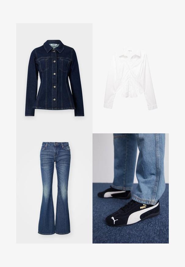 Tummansininen farkkutakki, jossa on istuva muotoilu, terävä kaulus, etupainonappi kiinnitys ja kaksi rintataskua. Näkyvä kontrastivärinen ompelu.; Valkoinen pitkähihaisten naisten istuva nappipaita, jossa on kaulus, hillitty sauman yksityiskohtia ja hieman kaareva helma.; Siniset leveälahkeiset farkut, jotka on valmistettu denimistä ja joissa on vaalea pesuefekti. Farkuissa on klassiset taskut ja yksi nappikiinnitys.; Mustat mokkanahkaiset lenkkarit valkoisilla yksityiskohdilla, joissa on kultainen logo. Yhdistetty vaaleansinisiin farkkusiin ja asetettu tekstuuripintaiseen siniseen taustaan.